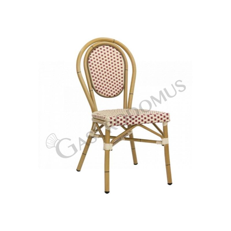 Silla Molly de aluminio barnizado y bambú, asiento y respaldo con revestimiento de alambre de nylon