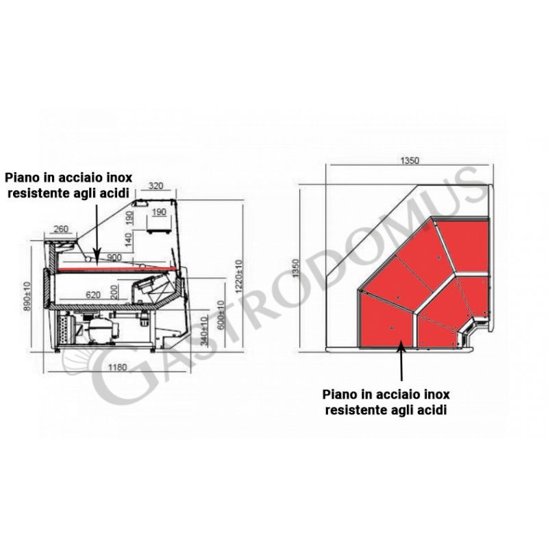 Área de exposición interna de acero inoxidable resistente a los ácidos para vitrina de esquina refrigerada Mila