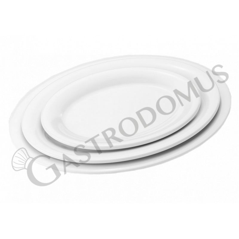 Plato ovalado de melamina extrafuerte con dimensiones L 305 mm x P 232 mm x A 25 mm