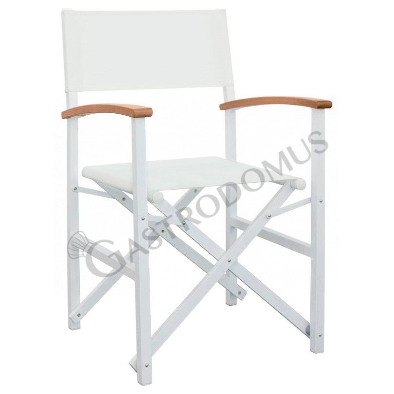 Silla Cinema con estructura de aluminio plegable, reposabrazos de madera y asiento de tela