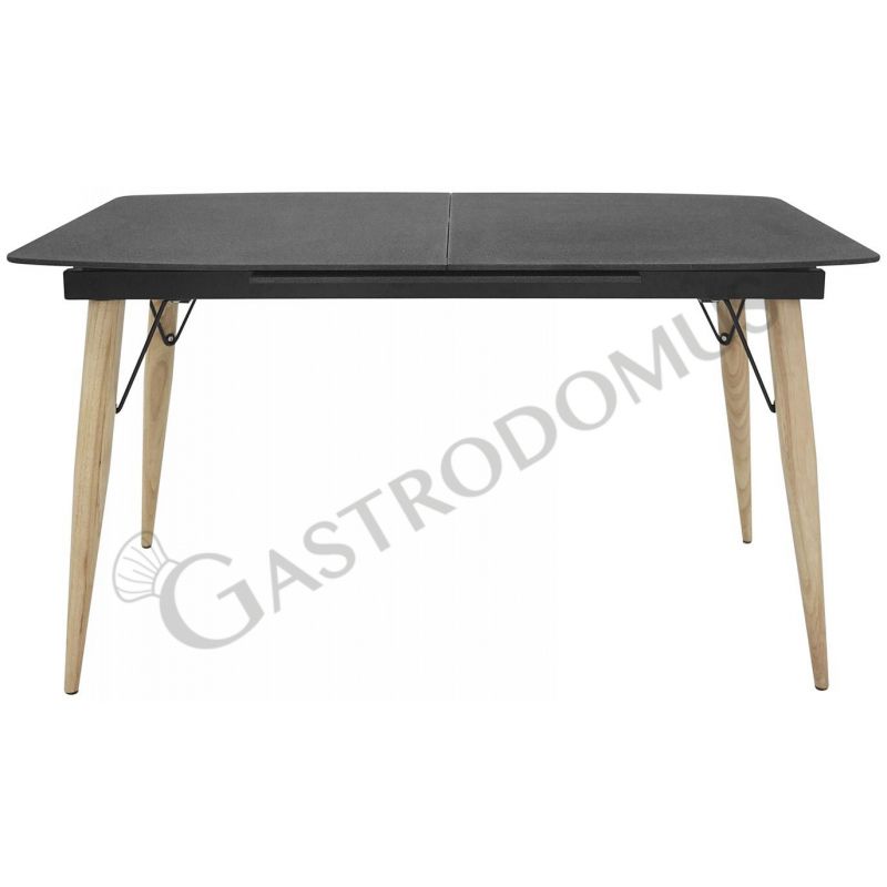 Mesa con estructura de metal pintado, patas de madera y tapa de vidrio, L 1400/2000 mm