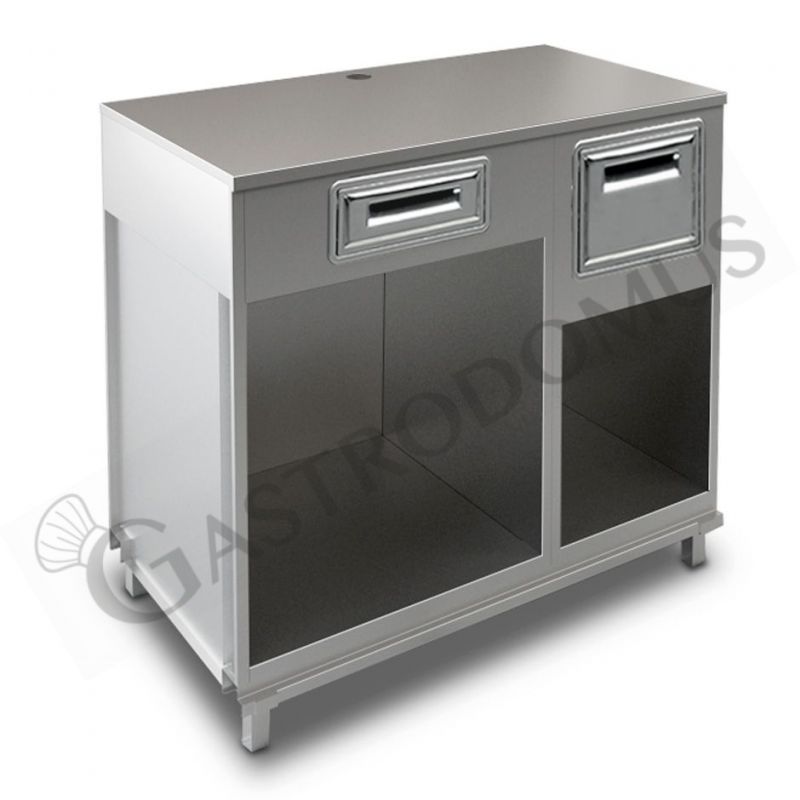 Mueble cafetero con cajón, tolva y sobre en acero inoxidable - L 1250 mm x P 670 mm x H 1155 mm