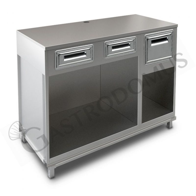 Mueble cafetero con cajones, tolva y sobre en acero inoxidable - L 1500 mm x P 670 mm x H 1155 mm