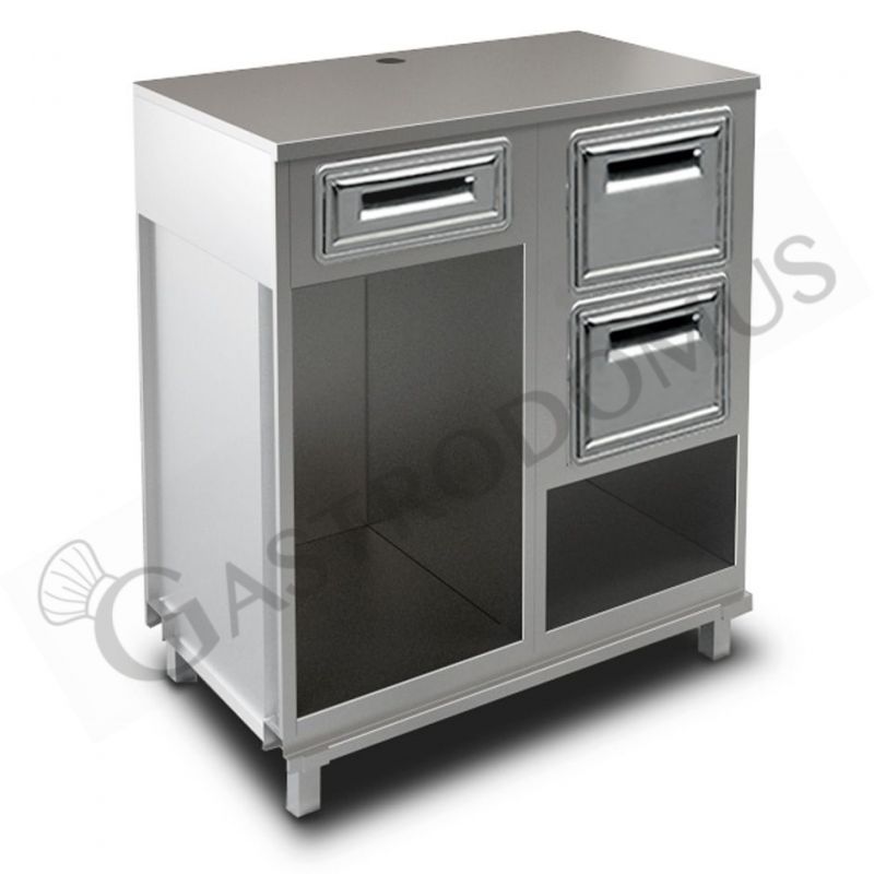 Mueble cafetero con cajón,  tolva con reserva y sobre en acero inoxidable - L 1000 mm x P 560 mm x H 1155 mm