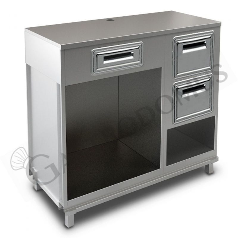 Mueble cafetero con cajón, tolva con reserva y sobre en acero inoxidable - L 1250 mm x P 560 mm x H 1155 mm