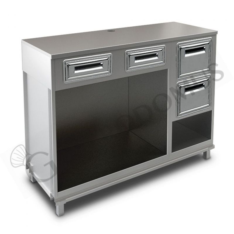 Mueble cafetero con cajones,  tolva con reserva y sobre en acero inoxidable - L 1500 mm x P 560 mm x H 1155 mm