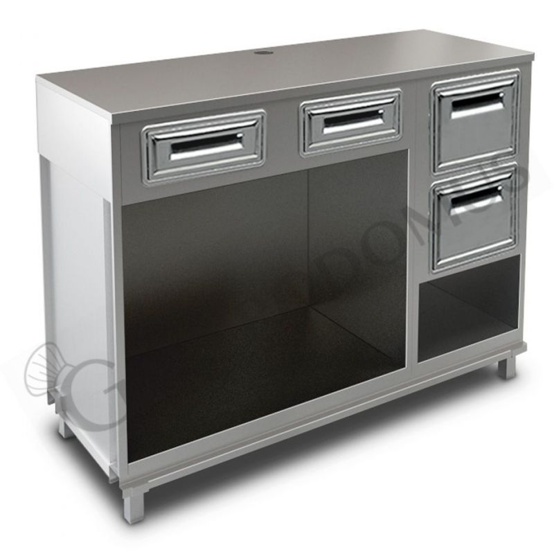 Mueble cafetero con cajones,  tolva con reserva y sobre en acero inoxidable - L 1500 mm x P 670 mm x H 1155 mm