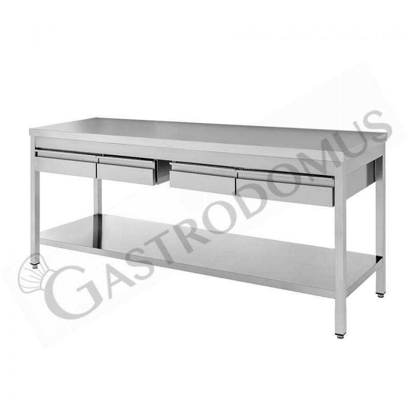 Mesa de acero inoxidable con estante y 4 cajones L 2000 mm x P 600 mm x A 850 mm