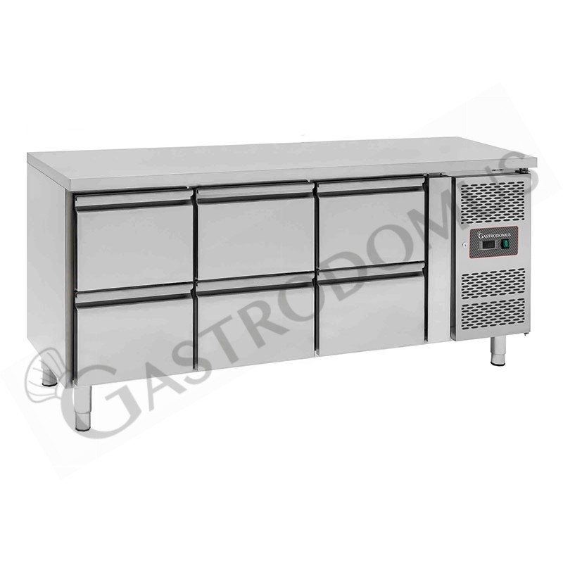 Mesa refrigerada con 6 cajones de 1/2, profundidad 700 mm, temperatura -2°C/+8°C