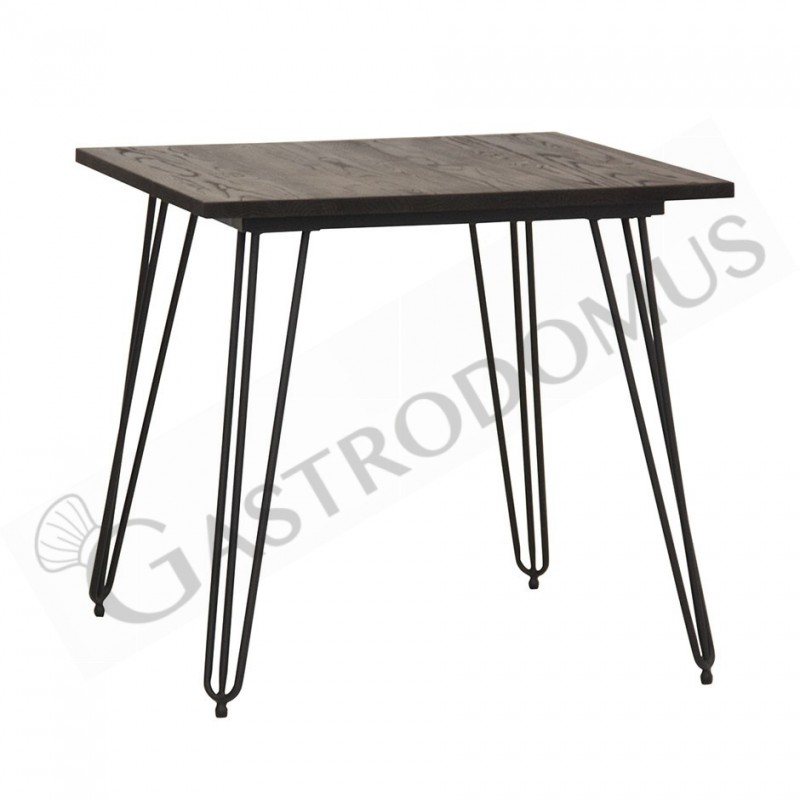 Mesa cuadrada de exterior en metal pintado y encimera de madera de dimensiones 800 mm x 800 mm