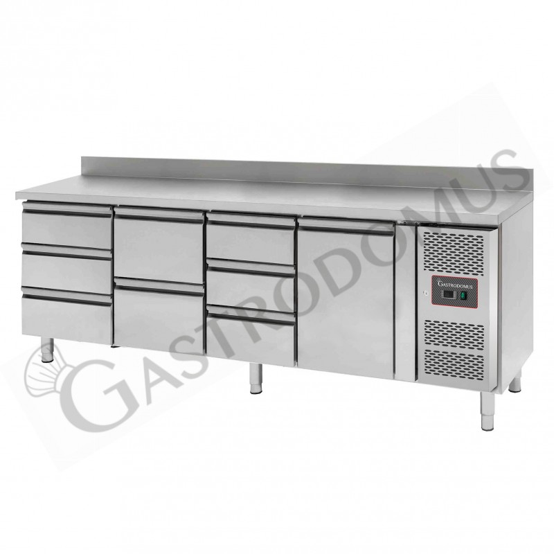 Mesa refrigerada 8 cajones 1 puerta 700 mm -2°C/+8°C, peto trasero